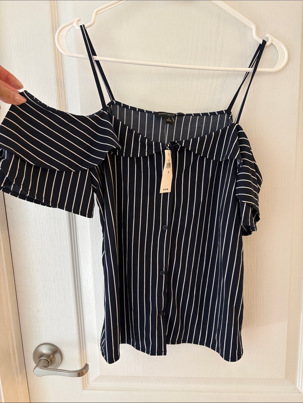 Banana Republic Navy and White Striped Off-Shoulder Top NWT